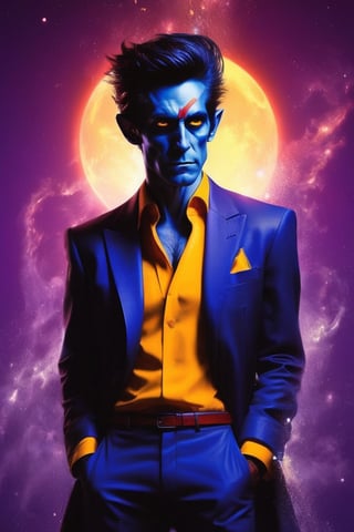 A stunning and enigmatic portrayal of Nightcrawler from Marvel comics X-Men, exquisitely capturing his presence and essence. In vibrant detail, the image showcases Nightcrawler's distinct features: his spiky indigo hair, luminous yellow eyes, and deep azure skin, intermingled with mesmerizing shades of purple and black. The artist's exceptional talent is evident in every brushstroke, as they brilliantly depict Nightcrawler's graceful yet hauntingly mysterious persona. This digital artwork flawlessly fuses vibrant colors and intricate details to create a striking visual masterpiece that encapsulates the captivating allure of this X-Men character.