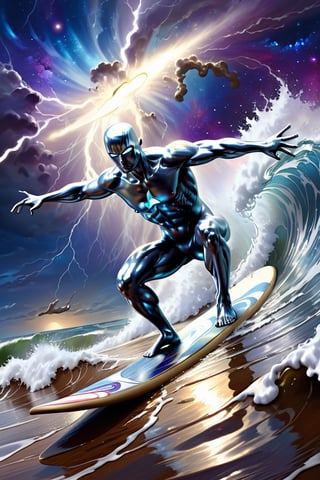 Silver Surfer on a surfboard on a wave cosmic sky thunder and lightning, trending on artstation, sharp focus, studio photo, intricate details, highly detailed, by greg rutkowski