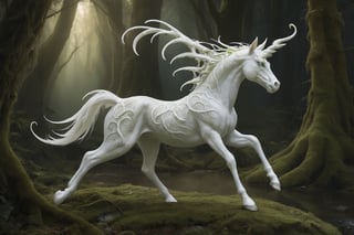 Imagine a mystical space realm where a white spider horse gallops with grace through a dense forest, its eight legs gracefully carrying it over moss-covered ground. The sight is simultaneously horrifying and awe-inspiring, as the white horse's ethereal beauty is contrasted against its monstrous spider-like features. The horse's ebony eyes mesmerize, reflecting the light in a haunting and captivating manner. This breathtaking image, depicted in a vividly painted masterpiece, immerses viewers in the fantastical narrative of an otherworldly creature navigating a mysterious and enchanted woodland.