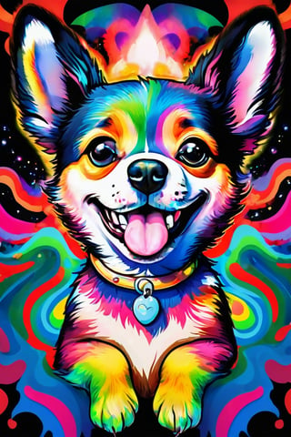 A psychedelic illustration of a cute dog, t-shirt design, cartoon