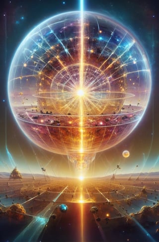 Bosch-style, a translucent Dyson sphere traps a visual on a distant unworldly planet, the starsscape warps, time distorts, surrealism reigns, stars, Glowing, sparkling electrifying 