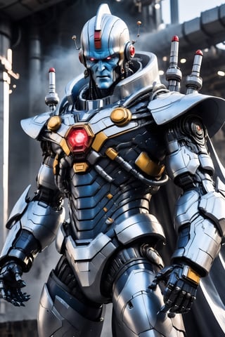 Angry Mr. Freeze mecha robo soldier character, anthropomorphic figure, wearing futuristic blue soldier armor and freeze weapons, reflection mapping, realistic figure, hyperdetailed, cinematic lighting photography, 32k, rgb lighting on suit, and. Freeze from Batman DC comics
