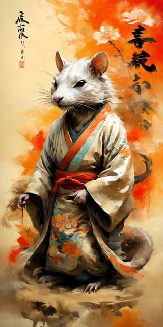 full-body psychedelic picture .Generate hyper realistic image of an ancient scroll featuring an ink wash painting of an animorphic old wide brown street Rat dressed in a Japanese kimono, surrounded by traditional brushstroke elements, creating an evocative piece reminiscent of classical Asian art, Movie Poster,Movie Poster, sharp focus, intense colors, vibrant colors, chromatic aberration,MoviePosterAF, UHD, 8K,oil paint,painting