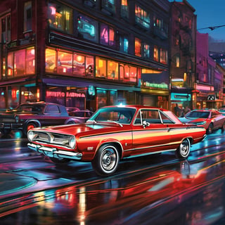 Generate a photorealistic depiction of a 1965 Plymouth Barracuda speeding through a futuristic cityscape at night. Imagine vibrant neon lights reflecting off sleek, polished surfaces as the car races through illuminated streets. Capture the dynamic energy and sense of motion, blending realism with a touch of sci-fi flair.