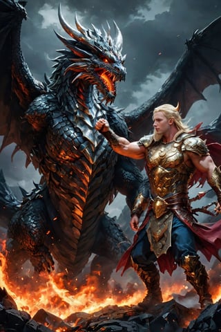 A large muscular Viking and a Nordic dragon fighting against a dark lord
,photorealistic:1.3, best quality, masterpiece,MikieHara,Dragon