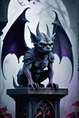 Create a visually striking image featuring a gothic Gargoyle shrouded in mist, with hints of runic symbols and life. Use a bold color scheme, blending deep purples and mysterious reds to evoke a sense of intrigue and intellectual depth fantasy blending with realism and whimsy punk ethereal bioluminescence 