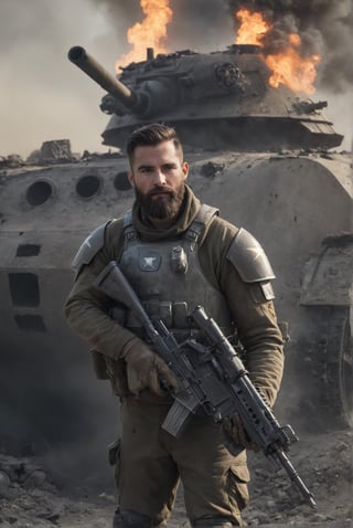 On a battlefield, a space soldier aged 30, with a well-maintained beard, takes cover among destroyed space tanks, smoke billowing, emphasizing the soldier's resilience and courage in the face of war, Sculpture, crafted from metal and textured materials,