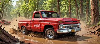 (1 truck, Coca Cola red 1966 Chevrolet C10 redesigned by Ed Big Daddy Roth), Generate an image of a Chevrolet C10 tearing through a dense forest during a rally race, with mud splattering, leaves flying, and the vibrant greenery as the epic backdrop. The truck’s classic styling and the dynamic forest setting should evoke a sense of speed and adrenaline. best quality, realistic, photography, highly detailed, 8K, HDR, photorealism, naturalistic, lifelike, raw photo,H effect,real_booster,Comic Book-Style 2d