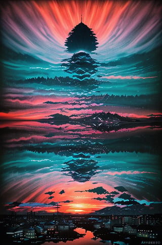 glitch art, Nature Sunsets, magical, vertex, art by Katsushika hokusai, Oslo Norway, atmospheric scenery, microbes, beautiful landscape, Synthwave art, glitchy, hydrodipped, surrealism