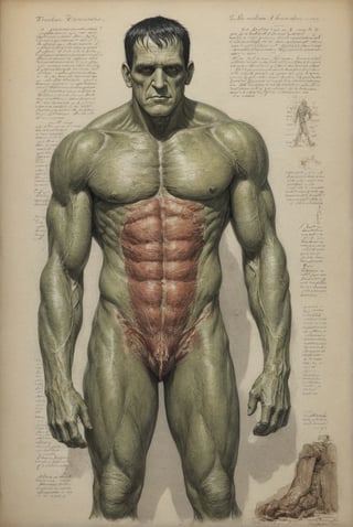 Concept art.  Page from an ancient textbook.  Anatomy of Frankenstein, pen and watercolor illustrations.  The page contains several images: Full-length image of Frankenstein.  Frankenstein penis diagram, and anatomical details.  High quality, details.  Correct anatomy, good  proportions