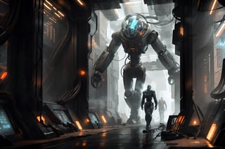 In a mysterious ethereal scene where a monstrous alien with a brain-like appearance and tentacle arms is operating the controls of a humanoid giant robot through a glass screen in its belly. The giant robot, controlled by the alien, is walking into an alleyway, creating a sense of mystery and intrigue.
