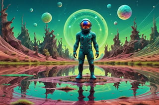 a photo of a interplanetary explorer on a swamp like planet in a field, in the style of psychedelic color schemes, nightmarish illustrations, animated gifs, dan mumford, colorful caricature, saurabh jethani, warmcore , cinematic moviemaker style