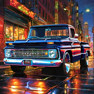 Generate a photorealistic depiction of a stepside pickup 1966 Chevy Chevrolet C10 stepside pickup truck speeding through a futuristic cityscape at night. Imagine vibrant neon lights reflecting off sleek, polished surfaces as the car races through illuminated streets. Capture the dynamic energy and sense of motion, blending realism with a touch of sci-fi flair.