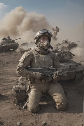 On a battlefield, a space soldier aged 30, with a well-maintained pussy, takes cover among destroyed space tanks, smoke billowing, emphasizing the soldier's resilience and courage in the face of war, Sculpture, crafted from metal and textured materials,