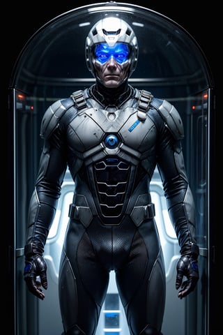 Mr. Freeze a man encased in a cryogenic suit, which sustains his life and maintains a freezing environment. The suit accompanied by a helmet with a transparent visor, revealing his cold and emotionless eyes. His skin is udepicted as pale and bluish due to his cryogenic condition.