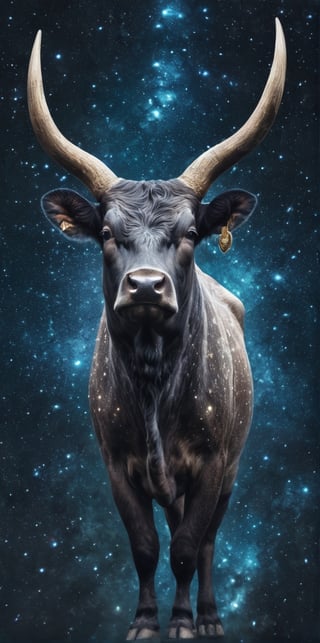 Generate hyper realistic image of a stardust Bull with massive horns adorned in cosmic constellations, standing as a guardian at the threshold of a celestial grove. The Bull’s presence should exude a sense of cosmic protection, surrounded by the magic of the astral woodland.