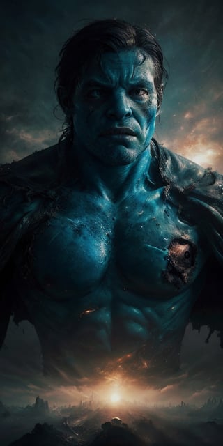 In a world-weary yet resilient form, Captain Planet stands amidst smog-choked skies and crumbling cityscapes. His once vibrant green skin now shows signs of wear, bearing scars from battles fought to protect a dying planet. This vivid portrait, perhaps a digital painting, captures every detail of his rugged appearance – from tattered superhero cape to determined, steely gaze. The image exudes a powerful, almost palpable sense of urgency and heroism, showcasing Captain Planet's unyielding commitment to saving the environment amidst chaos and decay.