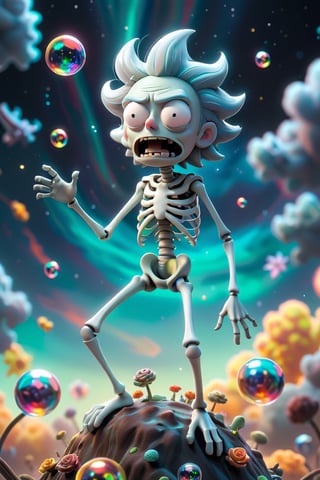Rick and Morty turned into a skeletons floats in the abyss of space, surrounded by a cosmic ocean of galaxies and nebulae that form unique constellations. The bubbles surrounding him contain fragments of knowledge and secrets of the universe. The shot is taken with an 18 mm wide-angle camera, in 8k photorealism, creating an image that evokes amazement and admiration at the immensity of the cosmos. Black and gray 