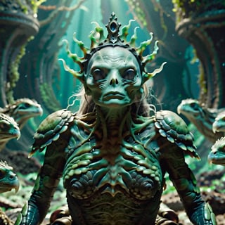 (highly detailed close photography), cinematic colors, texture, film grain, (an animorphic sea turtle woman:1.2), old wrinkled gray green skin, (wearing a queen crown:0.7), peaceful look, chunky figure, full round face, (large eyes:0.9), gray green, pearlescent clothing, standing on a desolated alien planet with lots of slimy looking tentacle like red plants :1.4), intricate, full body and legs and feet, extraterrestrial environment, good vibes, welcoming atmosphere, hyper detailed, vibrant colours, epic composition, official art, unity 8k wallpaper, ultra detailed, beautiful and aesthetic, masterpiece, best quality,alien,monster,fire, Teenage Mutant Ninja Turtles