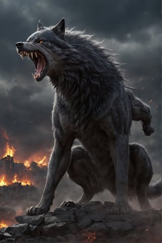 Colossal infernal Fenrir, very large and sinister. Terrifying. Mega angry. Dark and stormy background. Very detailed. Firestorm behind.