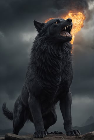 Colossal infernal Fenrir, very large and sinister. Terrifying. Mega angry. Dark and stormy background. Very detailed. Firestorm behind.