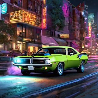 Generate a photorealistic depiction of a 1972 AAR CUDA speeding through a futuristic cityscape at night. Imagine vibrant neon lights reflecting off sleek, polished surfaces as the car races through illuminated streets. Capture the dynamic energy and sense of motion, blending realism with a touch of sci-fi flair.