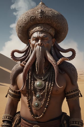 incredible depiction of a anthropomorphic octopus shaman, ancient and old, ornate trinkets, elaborate, tribal, beautiful, highly detailed and intricate, hypermaximalist, ornate, luxury, ominous, smoke, atmospheric desert, haunting, matte painting, cinematic, cgsociety, Antonio J. Manzanedo, Vladimir Matyukhin, Brian froud