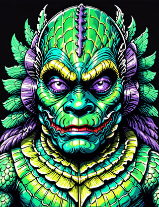 head and shoulders portrait, (creature from the black lagoon:1.5) creature warrior, green, purple, and blue colorful, symmetrical precise detail, symmetrical features, (flat silkscreen:1.5) , wearing mask, pastel-color, creative, dark flat color background ,oni style