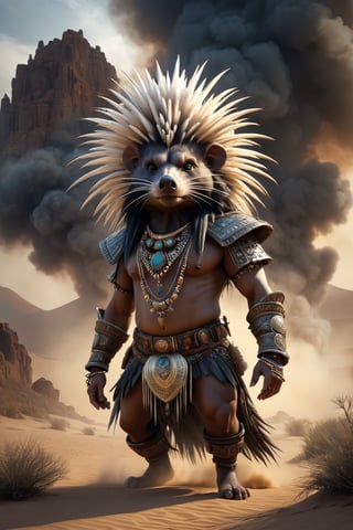 incredible depiction of a anthropomorphic Porcupine gypsy, ancient and old, ornate trinkets, elaborate, tribal, beautiful, highly detailed and intricate, hypermaximalist, ornate, luxury, ominous, smoke, atmospheric desert, haunting, matte painting, cinematic, cgsociety, Antonio J. Manzanedo, Vladimir Matyukhin, Brian froud