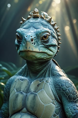 (Close mid-shot), looking like a TEENAGE MUTANT NINJA TURTLE, an old gray green sea turtle like humanoid, wrinkled skin, she wears a jeweled crown, and has a pearlescent glowing robe, detailed sea turtle gray green chubby face, peaceful filter, ultra detailed visually rich, created with the main focus on the face, (((candid photography))), luminous and enchanting, peaceful and kind, lit dark fantasy realm, (((rule of thirds))) depth of field intricate details, subtle colors, fantastical realm, extremely detailed, ultra sharp focus, light particles, attention to detail, vast open world, grandeur and awe, cinematic, stunning visual masterpiece, double exposure, photorealistic, cinematographic scene, highest quality, 32k, octane render, ((dynamic pose)), somber feeling.
