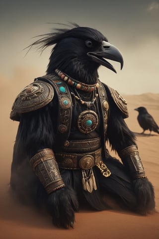 incredible depiction of a anthropomorphic Raven shaman, ancient and old, ornate trinkets, elaborate, tribal, beautiful, highly detailed and intricate, hypermaximalist, ornate, luxury, ominous, smoke, atmospheric desert, haunting, matte painting, cinematic, cgsociety, Antonio J. Manzanedo, Vladimir Matyukhin, Brian froud