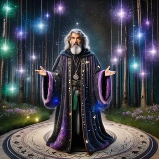 A Nordic wizard wearing a black, purple, blue, and green fancy robe covered in sparkling stars like glitter. He dispense confusing and ambiguous advice to passing travelers from a large stone cottage on the edge of the woods , a wizard with flowing robes, all around  covered in star light 