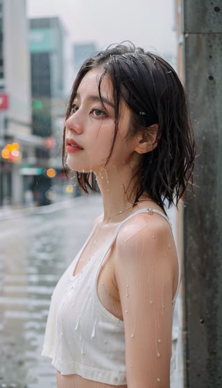 ((raining, rain, very heavy rain)), wet girl, sad face, ((short hair)), (wet hair, wetshirt), 
Lonely girl in the rain looking up at the rain in city, city street background, beautiful skin, white skin, 4K, ultra HD, RAW photo, realistic, best quality, masterpiece, photorealistic, half body, dynamic lighting, warm light, white singlet, medium shot, Yewon, wet, wet hair, daytime