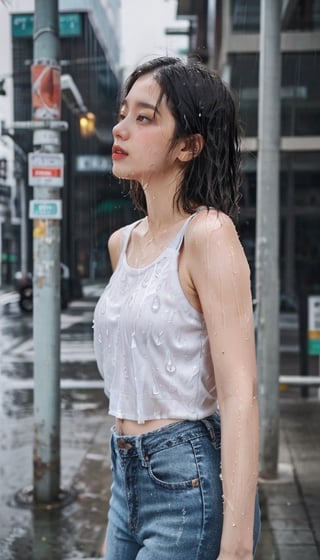 ((raining, rain, very heavy rain)), wet girl, sad face, ((short hair)), (wet hair, wetshirt), 
Lonely girl in the rain, looking up at the sky,  standing in city, city street background, beautiful skin, white skin, 4K, ultra HD, RAW photo, realistic, best quality, masterpiece, photorealistic, half body, cinematic lighting, portrait, white singlet, blue low waist skinny jeans, medium shot, Yewon, wet, wet hair, daytime