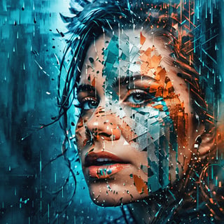 double exposure style, close up silhouette face of a sophisticated girl looking up, rainy new york city, fragmentation, fractured image, teal, orange, black, silver, expressive face, parted lips, emotional, pain, dismay