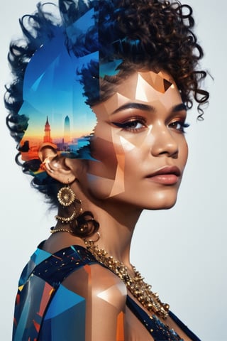 double exposure style, close up silhouette face of Zendaya looking at viewer, tall intricate bizarre dadaist avant garde hairstyle, pop art space age background, Alexander Calder forms, fragmentation