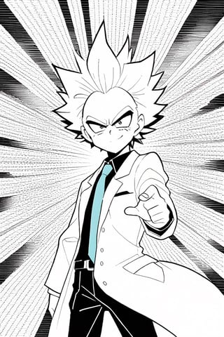 8k, highres, illustration, colorful, (((Rick Sanchez face) with vegeta hair)), (lab coat), (expressive face), ((holding a ray gun)), ((vivid)), Akira Toriyama art, sci fi art, cosmic, splash art, flat linework, poster colors, well drawn face, well drawn hands, action pose, cell shaded, high contrast, dramatic, amazing artwork, sharp focus, intricate details, highly detailed, masterpiece, best quality, lineart,Flat vector art