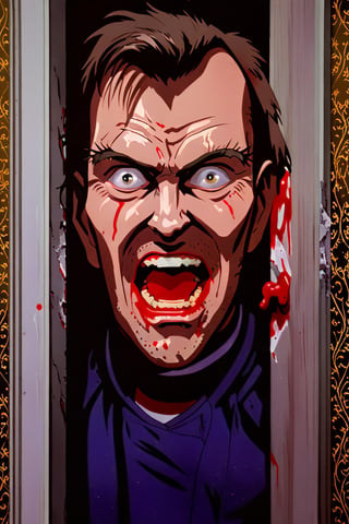 8k, anime illustration, (Jack Torrance :1.5), (The Shining), (glove with (face looking through ripped hole in white door), crazy eyes, open mouth, teeth, close up, horror, dark, mysterious glow, sinister, horror movie, dramatic lighting, cinematic, rim lighting, dynamic lighting
