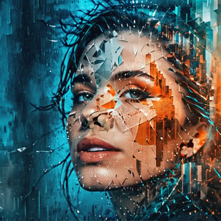 double exposure style, close up silhouette face of a sophisticated girl looking up, rainy new york city, fragmentation, fractured image, teal, orange, black, silver, expressive face, parted lips, emotional, pain, dismay