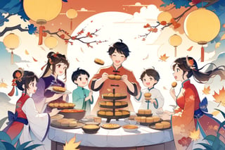 8k, highres, color illustration, midautumn_fes, ((colorful)), ((Chinese family enjoying mooncake dinner)), Mid-Autumn Festival, wearing traditional Mid-Autumn Festival costumes, (traditional Chinese home), ((autumn colors)), (expressive face), ((vivid)), cozy, cheerful, heartwarming, splash art, flat linework, poster colors, well drawn face, well drawn hands, action pose, (Genshin Impact style), cell shaded, high contrast, dramatic, amazing artwork, sharp focus, intricate details, highly detailed, high contrast, dramatic, masterpiece, best quality, lineart, Flat vector art