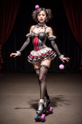 1girl, solo, (((juggling performance))), ((rollerskates)), beautiful realistic girl, cute girl, 8k masterpiece, ultra-realistic, UHD, highly detailed, best quality, full_body, perfect teeth, harlequin makeup, native eyes, native skin, wide angle, ((circus costume)), sequins, ruffles, high contrast, dramatic, sharp focus, intricately detailed, masterpiece, best quality, betterhands