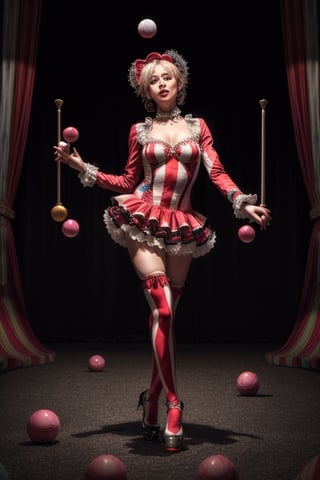 1girl, solo, (((juggler))), (performance), 8k masterpiece, ultra-realistic, UHD, highly detailed, best quality, full_body, harlequin makeup, wide angle, ((circus costume)), sequins, ruffles, high contrast, dramatic, sharp focus, intricately detailed, masterpiece, best quality, betterhands