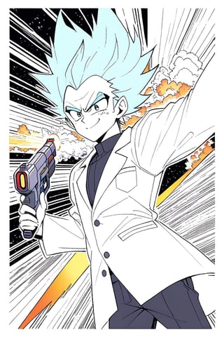8k, highres, illustration, colorful, (((Rick Sanchez face) with vegeta hair and clothes)), (white lab coat), (expressive face), ((holding a ray gun)), ((vivid)), Akira Toriyama art, sci fi art, cosmic, splash art, flat linework, poster colors, well drawn face, well drawn hands, action pose, cell shaded, high contrast, dramatic, amazing artwork, sharp focus, intricate details, highly detailed, masterpiece, best quality, lineart,Flat vector art
