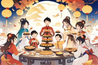 8k, highres, color illustration, midautumn_fes, ((colorful)), ((Chinese family enjoying mooncake dinner)), Mid-Autumn Festival, wearing traditional Mid-Autumn Festival costumes, (traditional Chinese home), ((autumn colors)), (expressive face), ((vivid)), cozy, cheerful, heartwarming, splash art, flat linework, poster colors, well drawn face, well drawn hands, action pose, (Genshin Impact style), cell shaded, high contrast, dramatic, amazing artwork, sharp focus, intricate details, highly detailed, high contrast, dramatic, masterpiece, best quality, lineart, Flat vector art