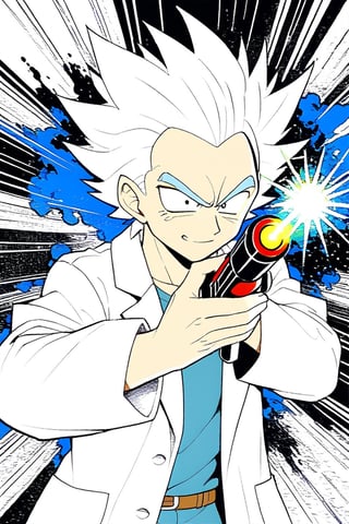 8k, highres, illustration, colorful, (((Rick Sanchez face) with vegeta hair)), (lab coat), (expressive face), ((holding a ray gun)), ((vivid)), Akira Toriyama art, sci fi art, cosmic, splash art, flat linework, poster colors, well drawn face, well drawn hands, action pose, cell shaded, high contrast, dramatic, amazing artwork, sharp focus, intricate details, highly detailed, masterpiece, best quality, lineart,Flat vector art