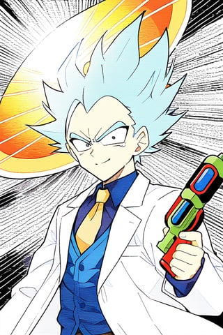 8k, highres, illustration, colorful, (((Rick Sanchez face) with vegeta hair)), (lab coat), (expressive face), ((holding a ray gun)), ((vivid)), Akira Toriyama art, sci fi art, cosmic, splash art, flat linework, poster colors, well drawn face, well drawn hands, action pose, cell shaded, high contrast, dramatic, amazing artwork, sharp focus, intricate details, highly detailed, masterpiece, best quality, lineart,Flat vector art