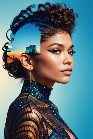 double exposure style, close up silhouette face of Zendaya looking at viewer, tall stacking intricate bizarre dadaist avant garde hairstyle, pop art space age background, Alexander Calder forms