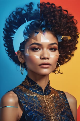 double exposure style, close up silhouette face of Zendaya looking at viewer, tall intricate bizarre dadaist avant garde hairstyle, pop art space age background, Alexander Calder forms, fragmentation