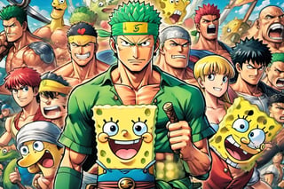 (Zoro), ((Goofy)), ((Leonardo)), (shonen), (Berserk), ((Spongebob)), (((Berserk art style))), 8k, illustration, group shot, group pic, flat linework, watercolor, poster colors, well drawn face, well drawn eyes, ((shonen manga)), hero pose, paper white background, high octane, moody, ink, style, lineart, LineAniAF, real_booster, comic book