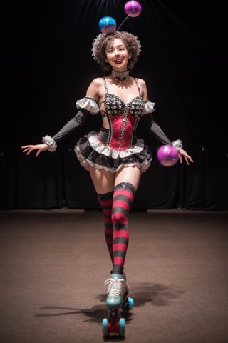 1girl, solo, (((juggling performance))), ((rollerskates)), beautiful realistic girl, cute girl, 8k masterpiece, ultra-realistic, UHD, highly detailed, best quality, full_body, bright smile, eye smile, perfect teeth, harlequin makeup, native eyes, native skin, wide angle, ((circus costume)), sequins, ruffles, high contrast, dramatic, sharp focus, intricately detailed, masterpiece, best quality, betterhands